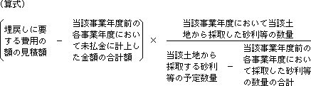 (算式) (埋戻しに要する費用の額の見積額-当該事業年度前の各事業年度において未払金に計上した金額の合計額)×((当該事業年度において当該土地から採取した砂利等の数量)÷(当該土地から採取する砂利等の予定数量-当該事業年度前の各事業年度において採取した砂利等の数量の合計))