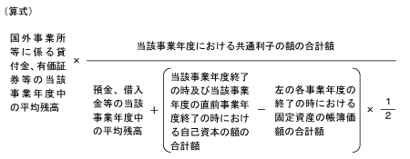 （算式）国外事業所等に係る貸付金、有価証券等の当該事業年度中の平均残高 × 国外事業所等に係る貸付金、有価証券等の当該事業年度中の平均残高 ÷ 預金、借入金等の当該事業年度中の平均残高 +（当該事業年度終了の時及び当該事業年度の直前事業年度終了の時における自己資本の額の合計額 - 左の各事業年度の終了の時における固定資産の帳簿価額の合計額）× 2分の1