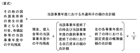 （算式）その他の国外源泉所得の発生の源泉となる貸付金、有価証券等の当該事業年度中の平均残高 × 当該事業年度における共通利子の額の合計額 ÷ 預金、借入金等の当該事業年度中の平均残高 +（当該事業年度終了の時及び当該事業年度の直前事業年度終了の時における自己資本の額の合計額 - 左の各事業年度の終了の時における固定資産の帳簿価額の合計額）× 2分の1