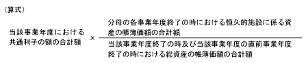 （算式）当該事業年度における共通利子の額の合計額 × 分母の各事業年度終了の時における恒久的施設に係る資産の帳簿価額の合計額 ÷ 当該事業年度終了の時及び当該事業年度の直前事業年度終了の時における総資産の帳簿価額の合計額