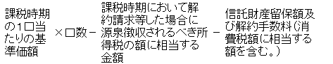 課税時期の1口当たりの基準価格×口数－課税時期において解約請求等した場合に源泉徴収されるべき所得税の額に相当する金額－信託財産留保額及び解約手数料（消費税額に相当する額を含む。）